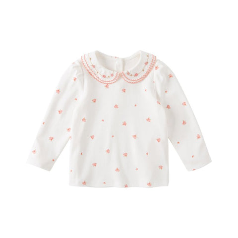 Double Embroidered Collar Girl Bouquet White Tee