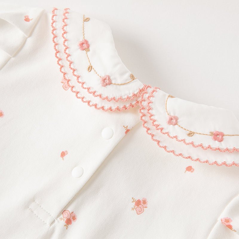 Double Embroidered Collar Girl Bouquet White Tee   0cm