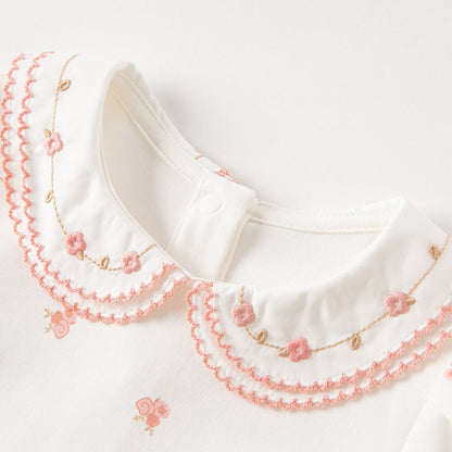 Double Embroidered Collar Girl Bouquet White Tee - 0cm