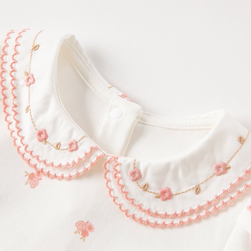 Double Embroidered Collar Girl Bouquet White Tee   0cm