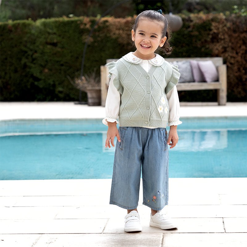 Double Embroidered Collar Girl Green Trim White Shirt   0cm