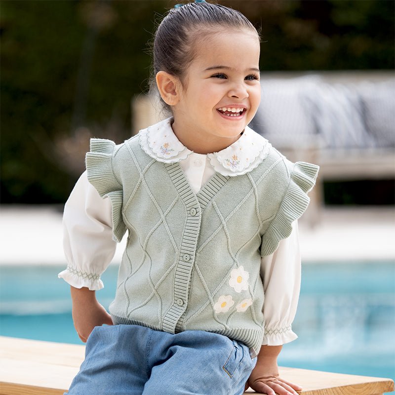 Double Embroidered Collar Girl Green Trim White Shirt   0cm