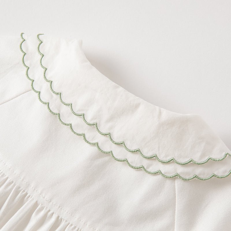 Double Embroidered Collar Girl Green Trim White Shirt   0cm