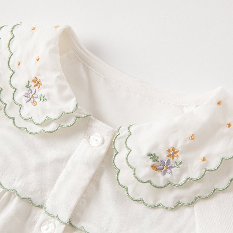 Double Embroidered Collar Girl Green Trim White Shirt   0cm