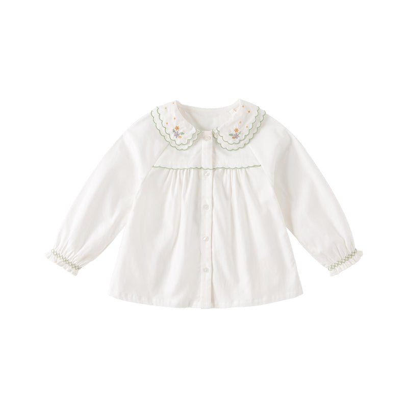 Double Embroidered Collar Girl Green Trim White Shirt - 0cm