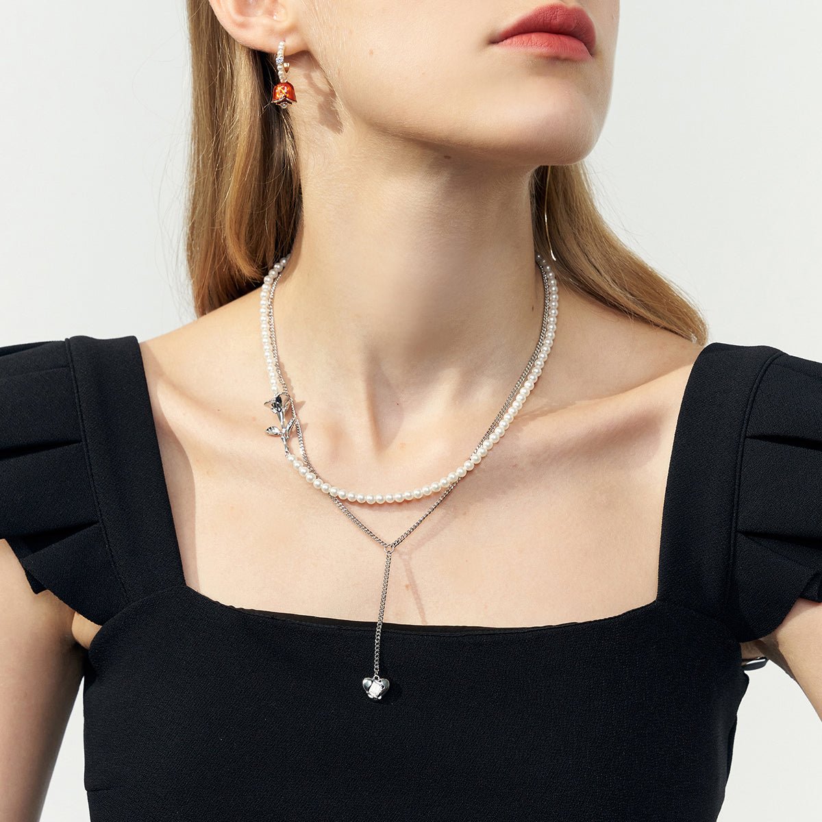 Double Layered Lily Flower Silver Necklace   0cm