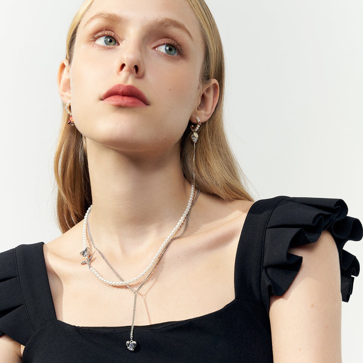 Double Layered Lily Flower Silver Necklace   0cm