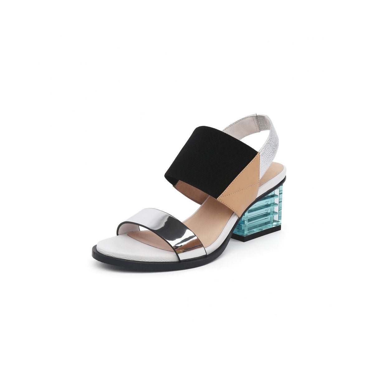 Elastic Ankle Strap Contrast Texture Patchwork Crystal Heels Apricot Sandals - 0cm