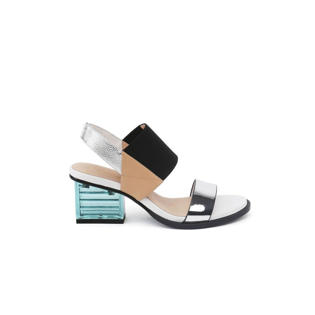 Elastic Ankle Strap Contrast Texture Patchwork Crystal Heels Apricot Sandals - 0cm