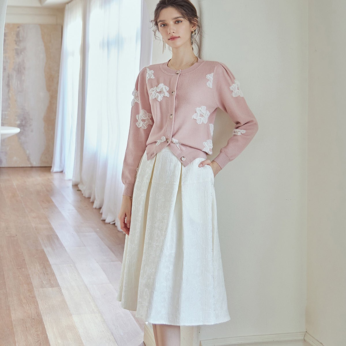 Elegant White A Line Midi Skirt   0cm