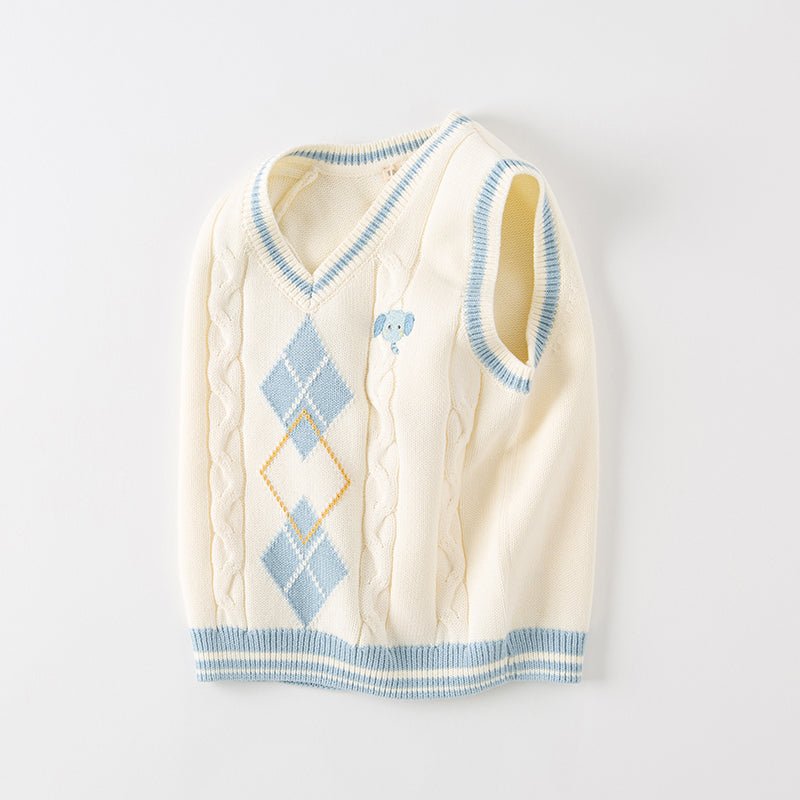 Elephant Embroidery Argyle Pattern Boy V Neck Cable Knitted Ivory Vest   0cm