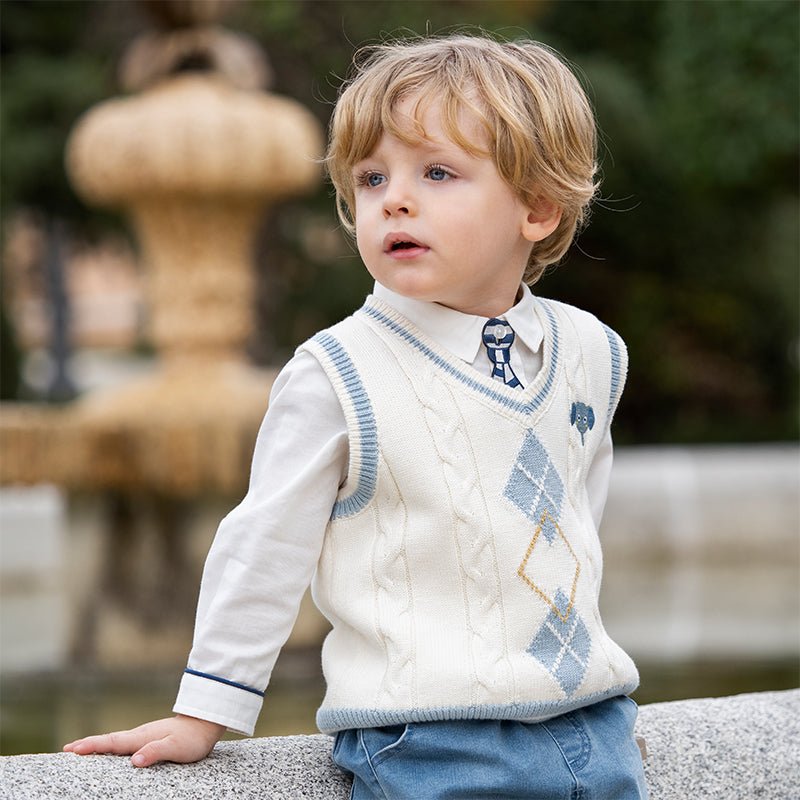Elephant Embroidery Argyle Pattern Boy V Neck Cable Knitted Ivory Vest   0cm