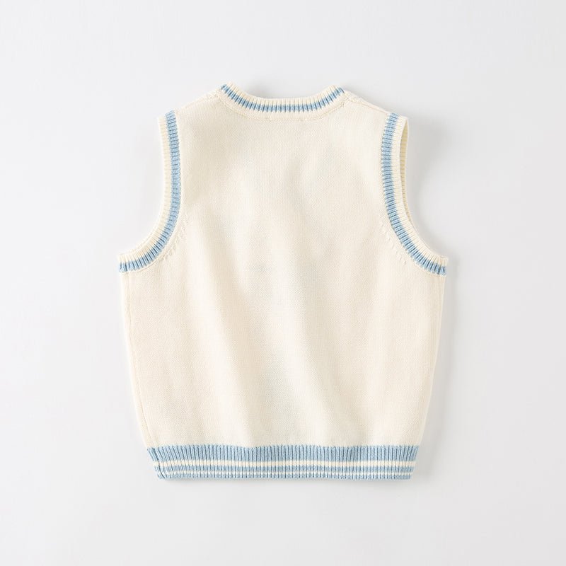 Elephant Embroidery Argyle Pattern Boy V Neck Cable Knitted Ivory Vest   0cm