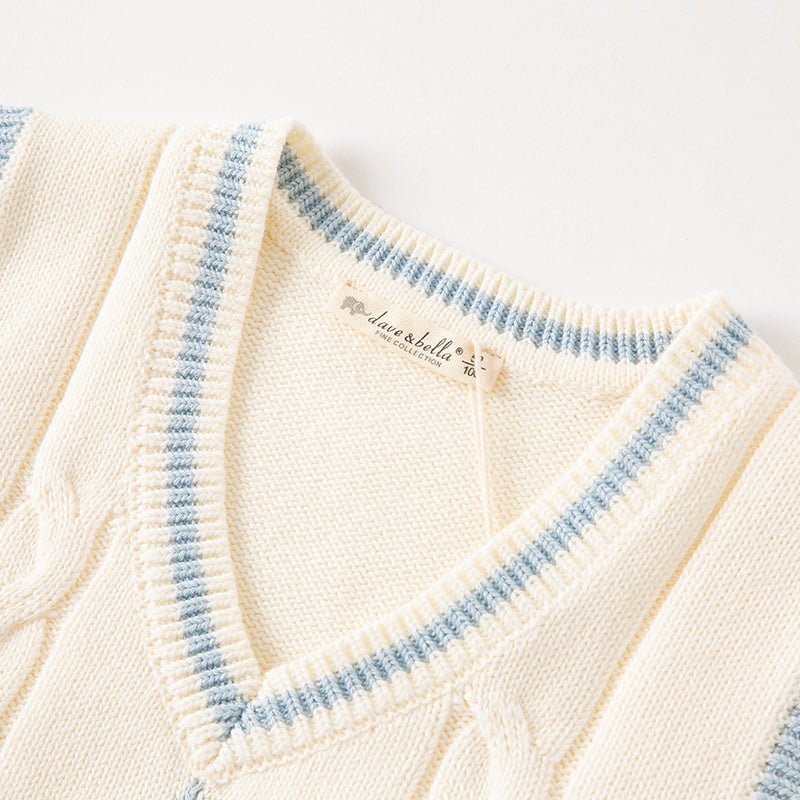 Elephant Embroidery Argyle Pattern Boy V Neck Cable Knitted Ivory Vest   0cm