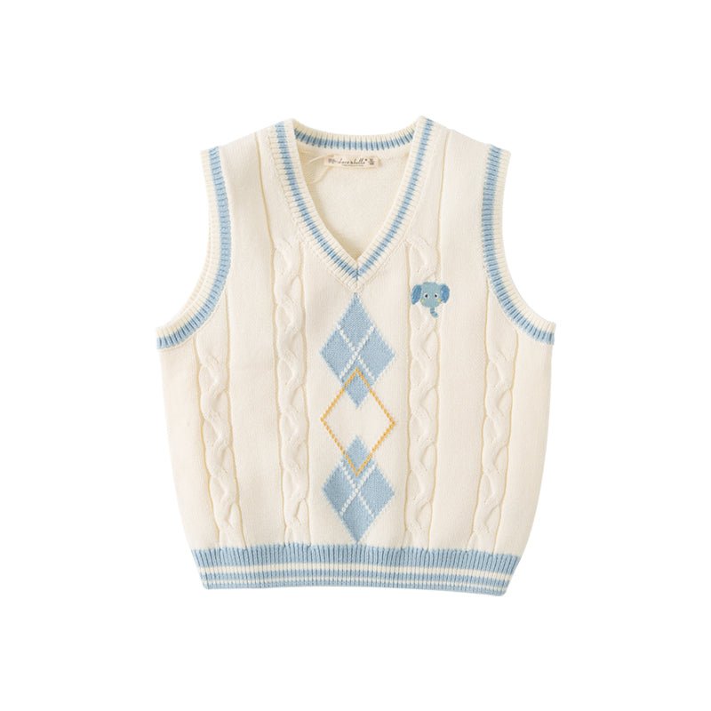 Elephant Embroidery Argyle Pattern Boy V Neck Cable Knitted Ivory Vest
