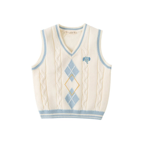 Elephant Embroidery Argyle Pattern Boy V Neck Cable Knitted Ivory Vest