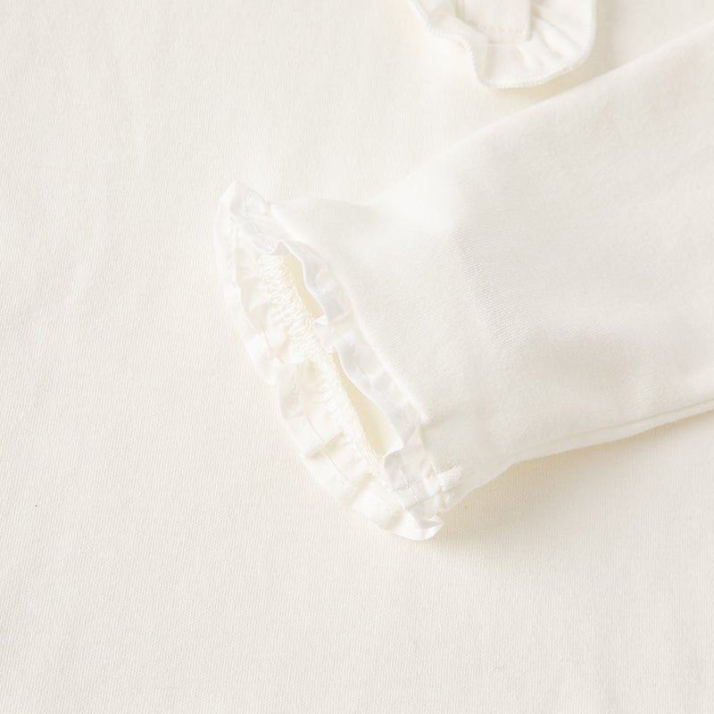 Embellished Flower Ruffled Girl Long Sleeve White Polo   0cm