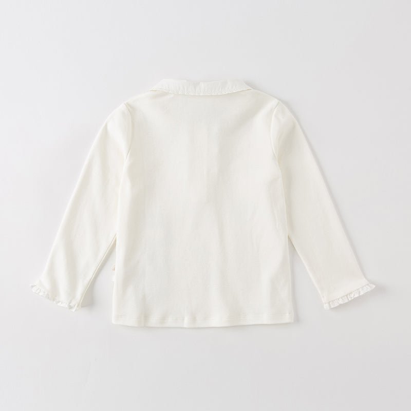 Embellished Flower Ruffled Girl Long Sleeve White Polo   0cm