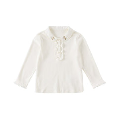 Embellished Flower Ruffled Girl Long Sleeve White Polo