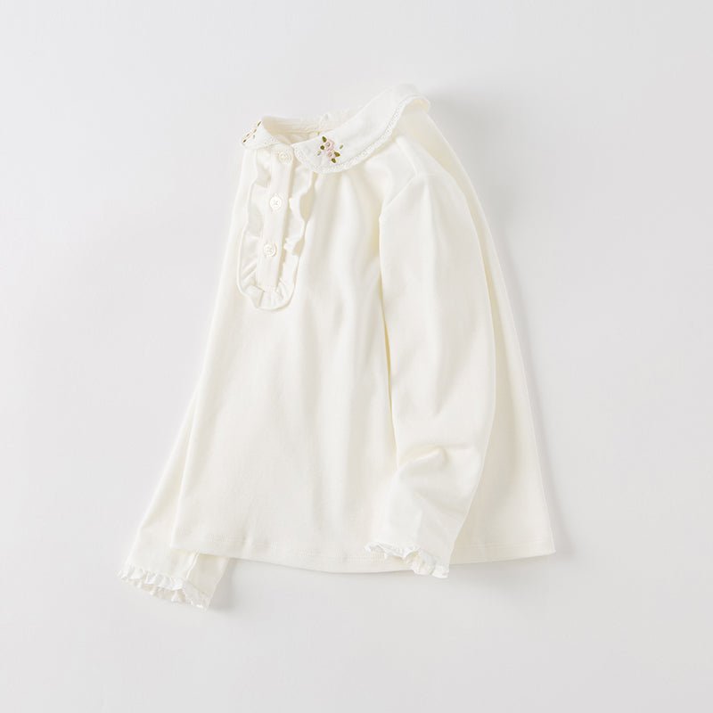 Embellished Flower Ruffled Girl Long Sleeve White Polo   0cm