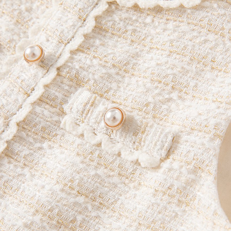 Embellished Pearl Flower Sleeveless Girl Beige Dress - 0cm