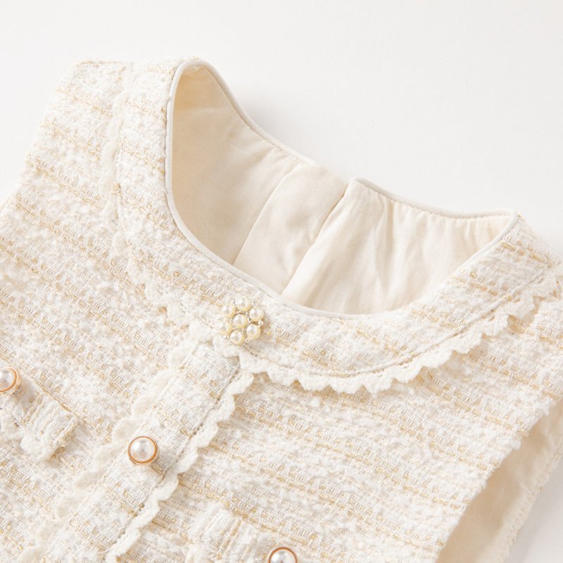 Embellished Pearl Flower Sleeveless Girl Beige Dress   0cm