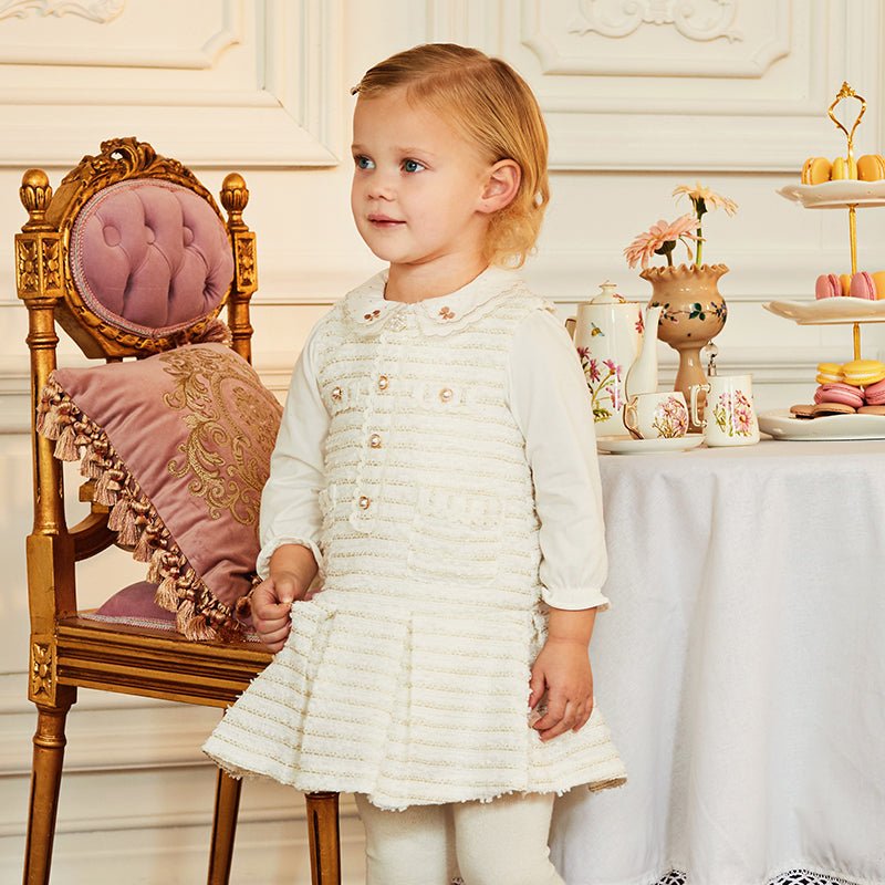 Embellished Pearl Flower Sleeveless Girl Beige Dress   0cm