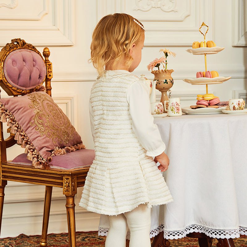 Embellished Pearl Flower Sleeveless Girl Beige Dress   0cm