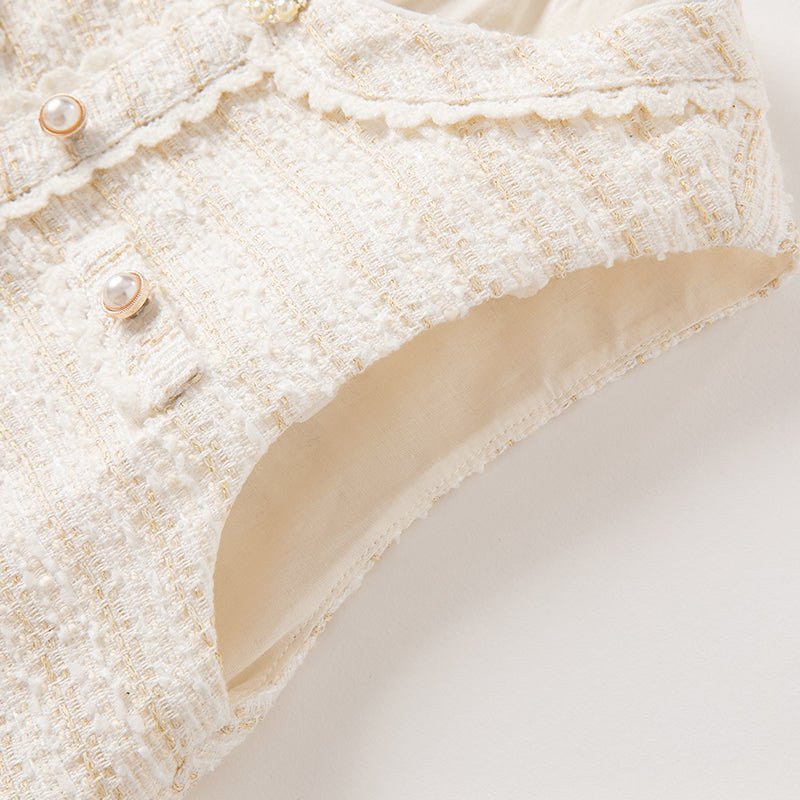 Embellished Pearl Flower Sleeveless Girl Beige Dress   0cm