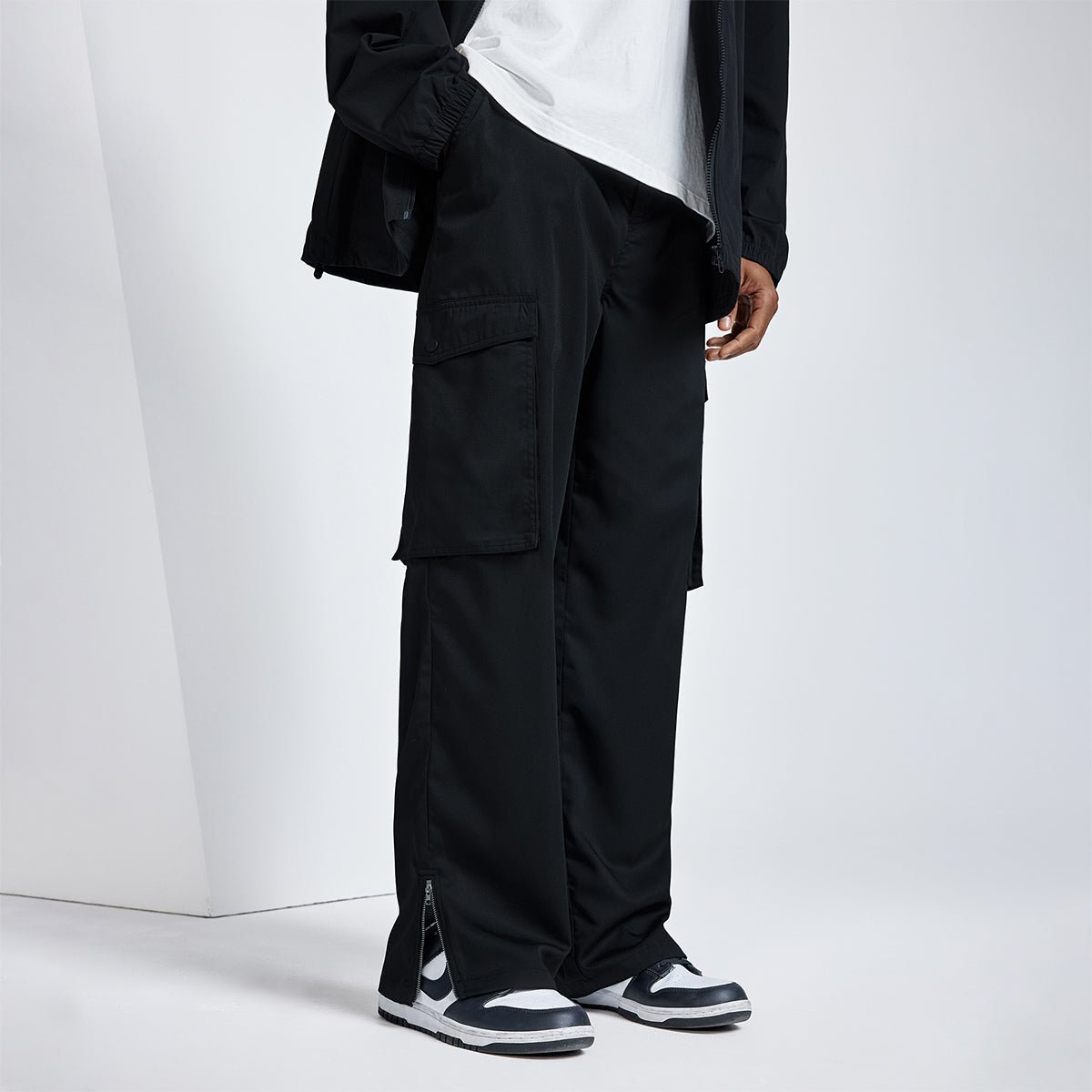 Exaggerated Pocket Baggy Fit Zip Hem Black Cargo Pants   0cm