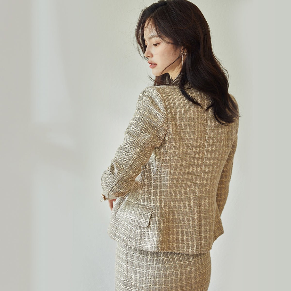 Feminine Lapel Blazer and Pencil Skirt Set in Beige   0cm