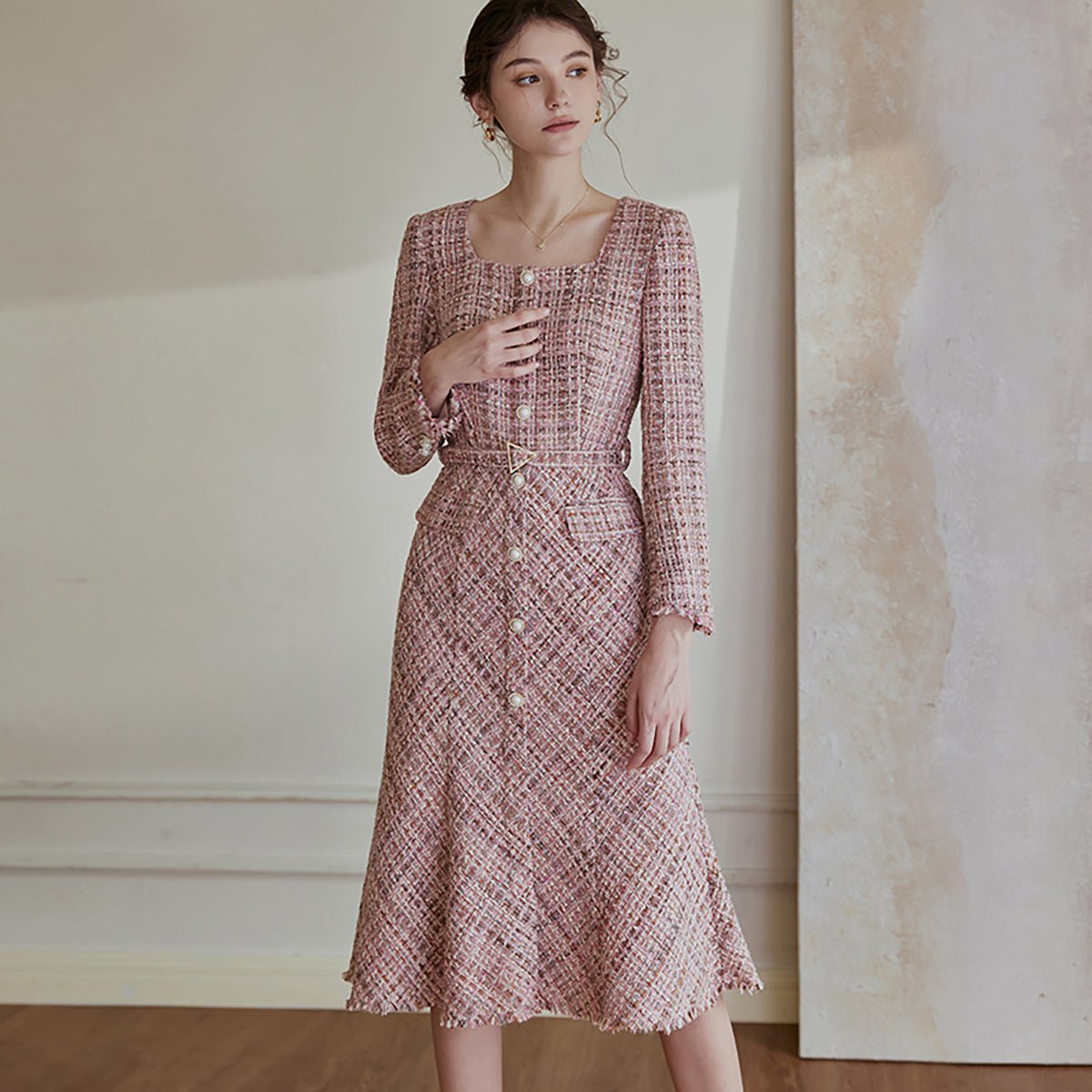 Fit and Flare Pink Square Neck Dress   0cm