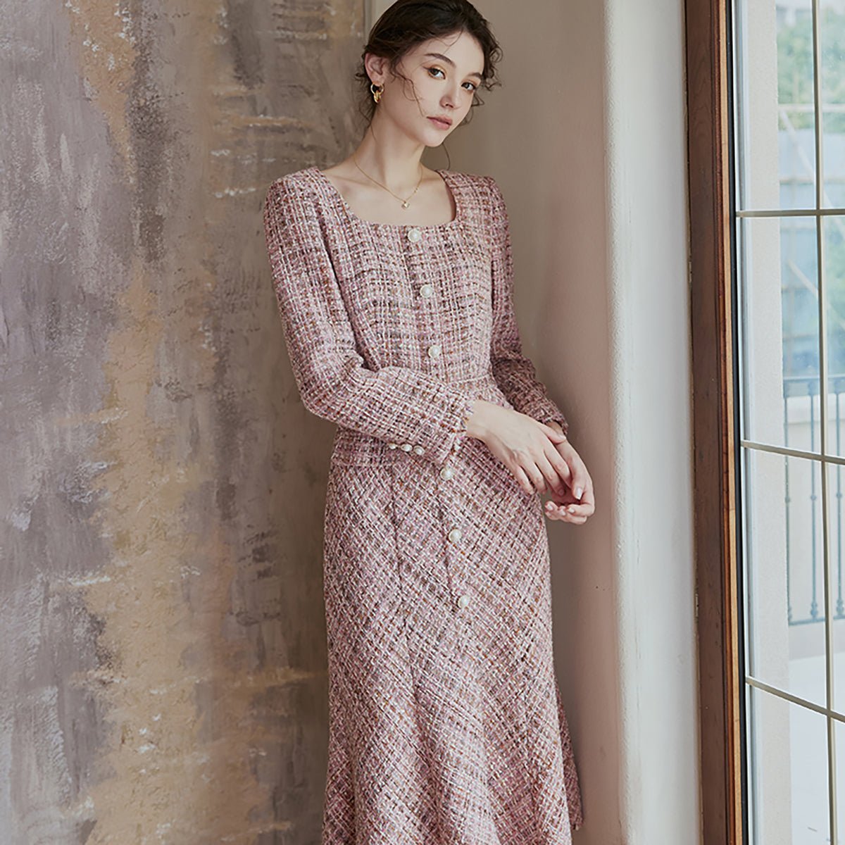 Fit and Flare Pink Square Neck Dress   0cm