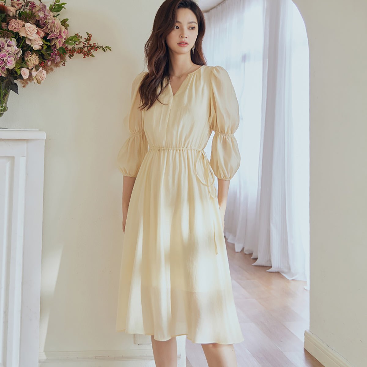 Fit and Flare Yellow V Neck Dress   0cm