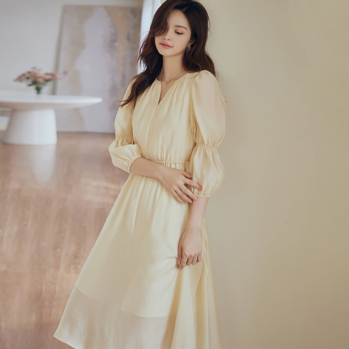 Fit and Flare Yellow V Neck Dress   0cm