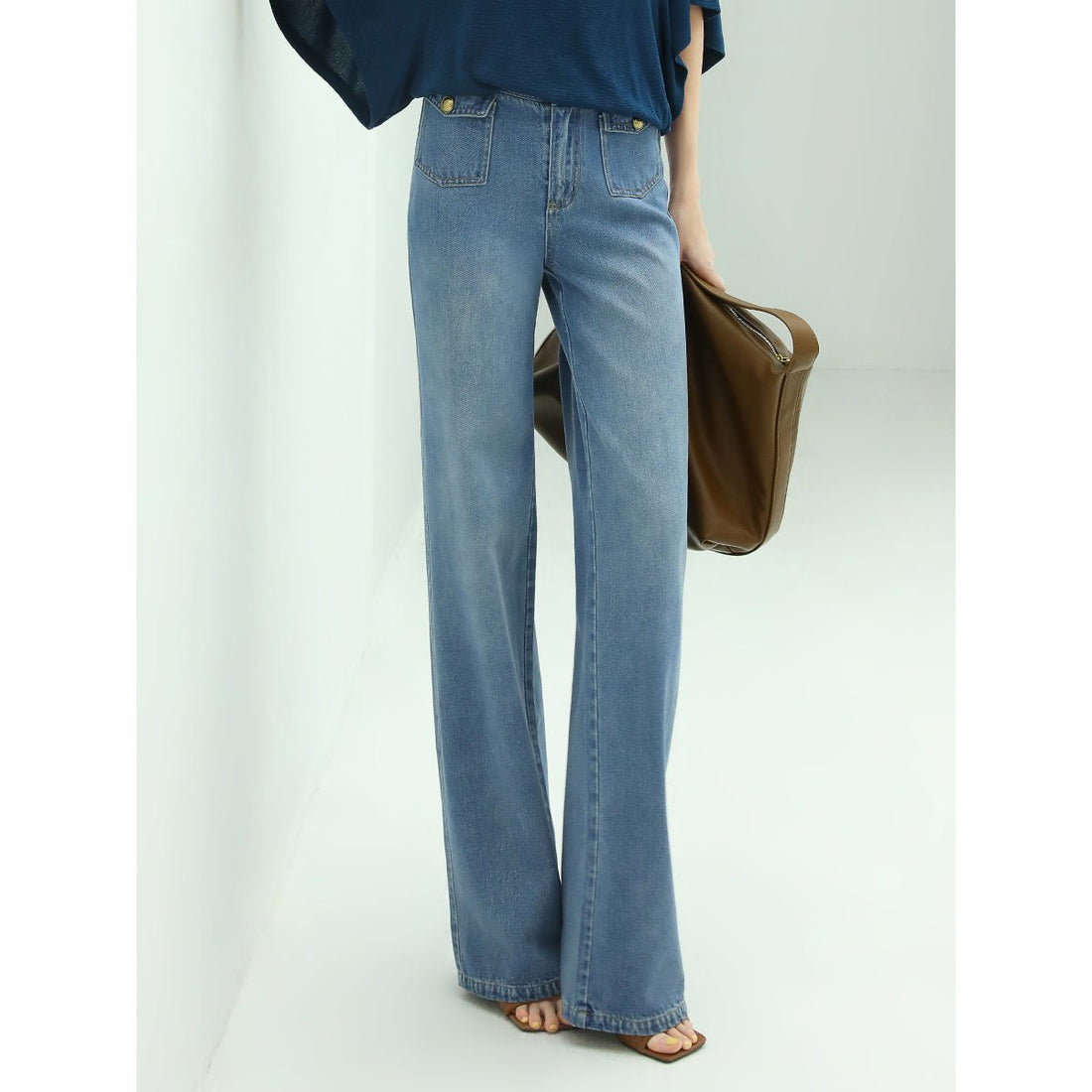 Flap Pocket Straight-leg Blue Flared Jeans - 0cm