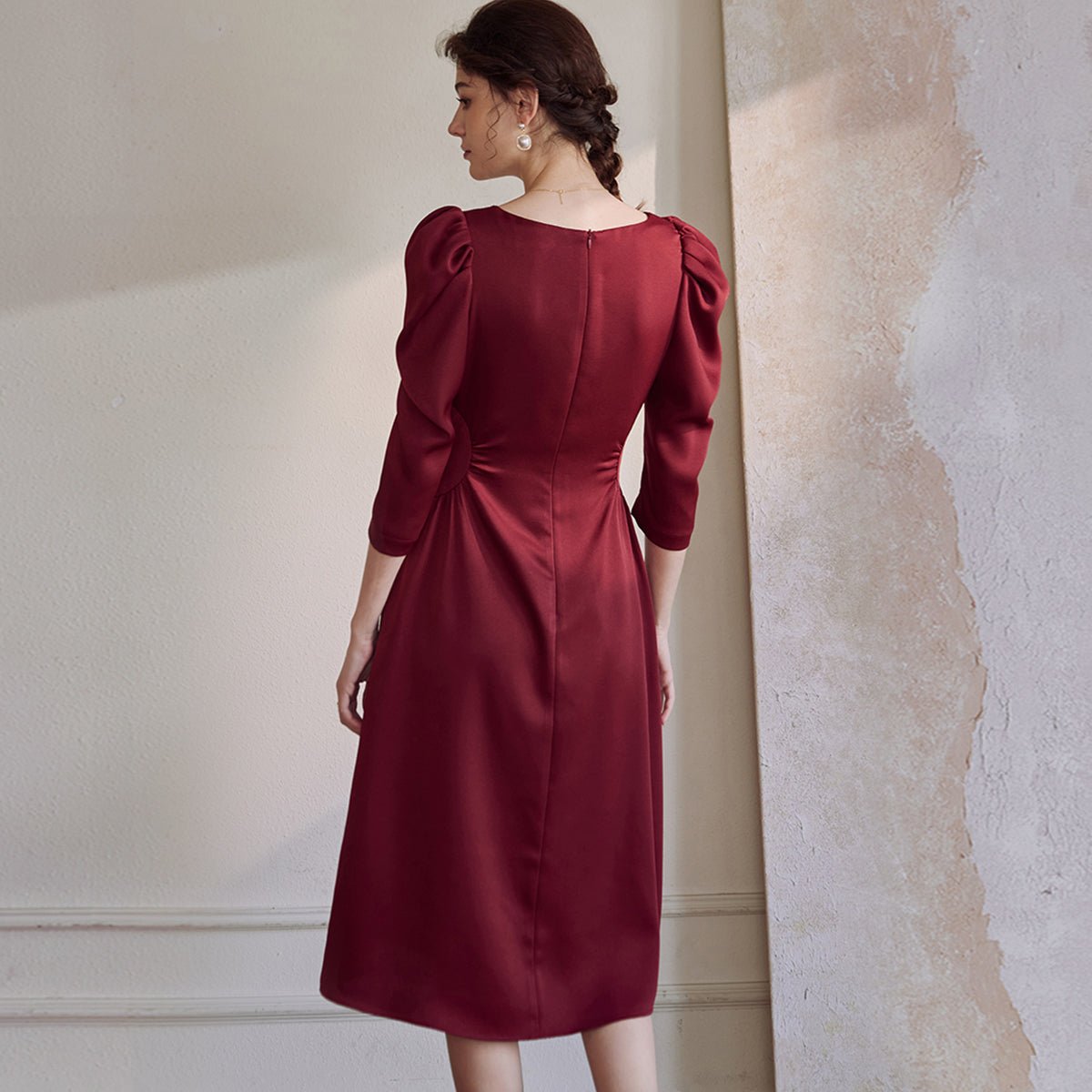 Flattering Gathered Waist Dress in Wine - 0cm