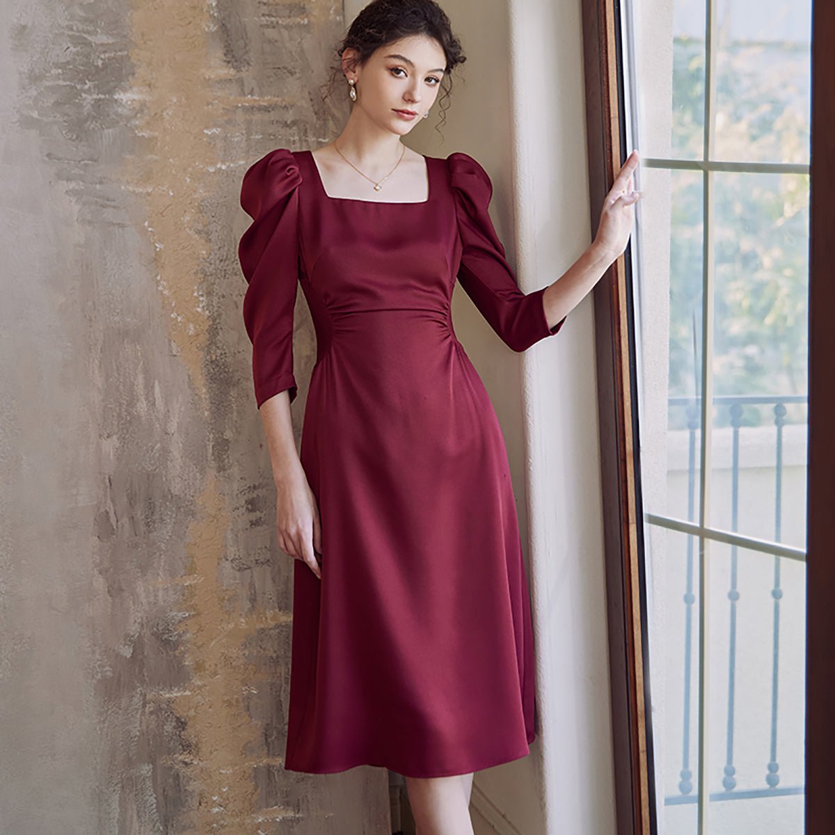 Flattering Gathered Waist Dress in Wine
