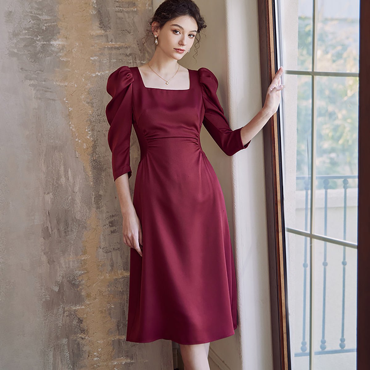 Flattering Gathered Waist Dress in Wine - 0cm