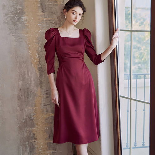 Flattering Gathered Waist Dress in Wine
