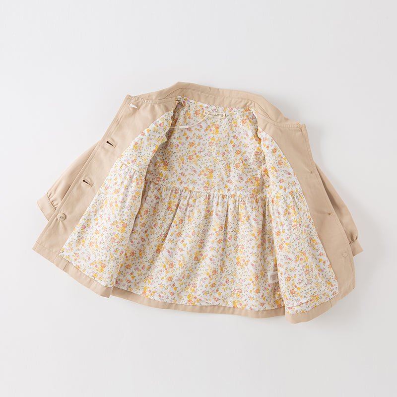 Floral Lining Contrast Mesh Girl Khaki Trench Coat   0cm