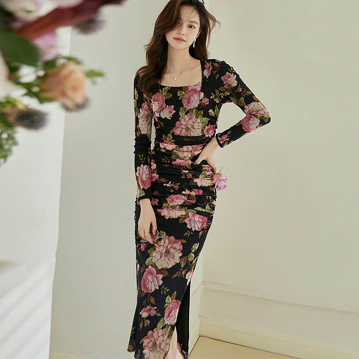 Floral Print Square Neck Long Dress   0cm