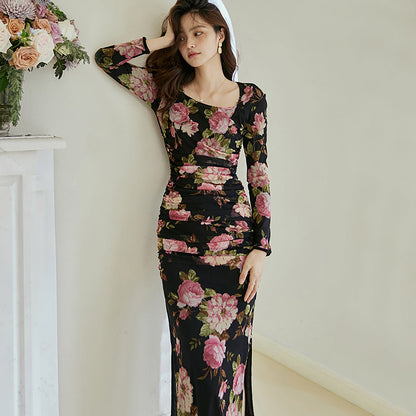 Floral Print Square Neck Long Dress - 0cm