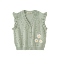 Flower Embroidery Girl Cable Knitted Green Vest