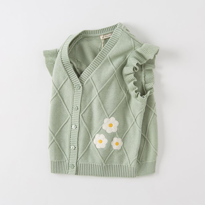 Flower Embroidery Girl Cable Knitted Green Vest   0cm