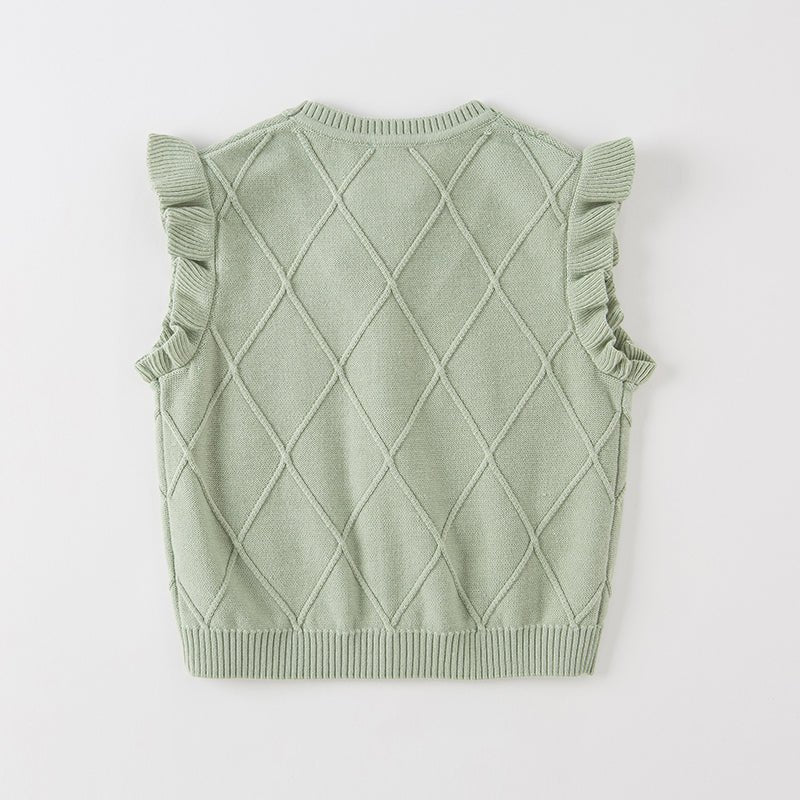 Flower Embroidery Girl Cable Knitted Green Vest   0cm