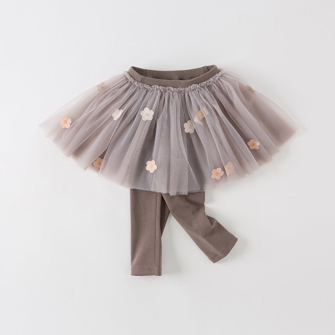 Flower Embroidery Girl Coffee Tutu Skirt Leggings - 0cm