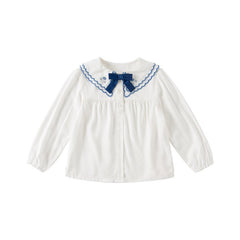 Flower Embroidery Girl Removable Ribbon White Shirt