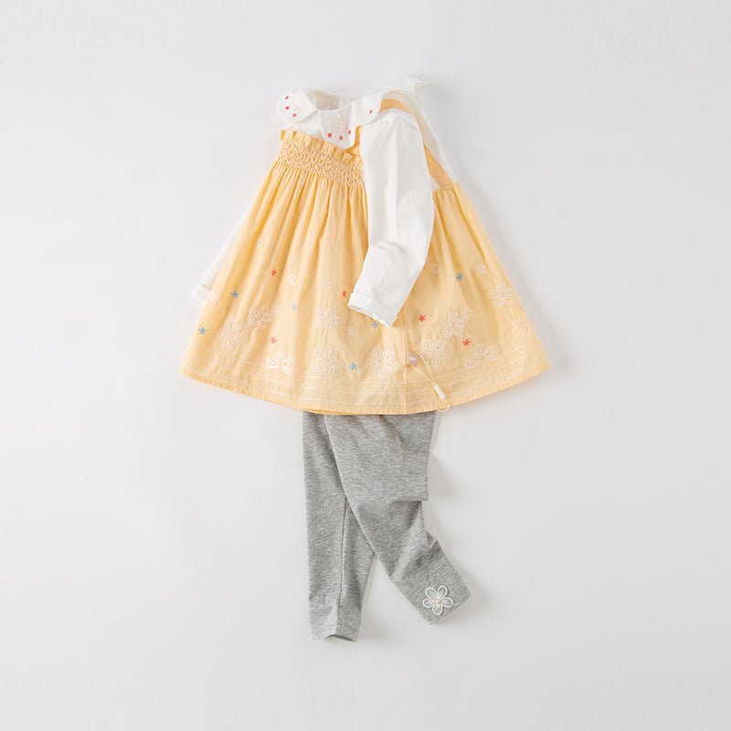 Flower Embroidery Two piece Girl Orange Smocking Dress & Pants Set   0cm