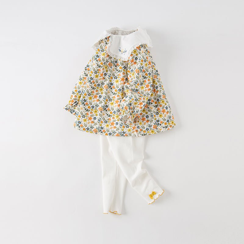 Flower Sea Girl Two piece Floral Contrast Collar Top & Ribbon Detail Pants Set   0cm